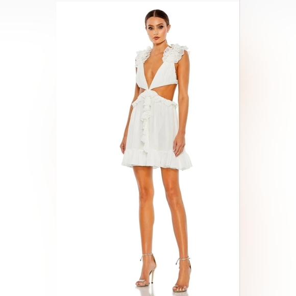 Ieena for Mac Duggal, Ruffled Cutout V-Neck Mini Dress, White, Size 8, NWOT‎ - Picture 1 of 8